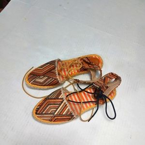 NINTY UNION Colorful Aztec Printed Open Back Closed Toe Tie Up Sandals.